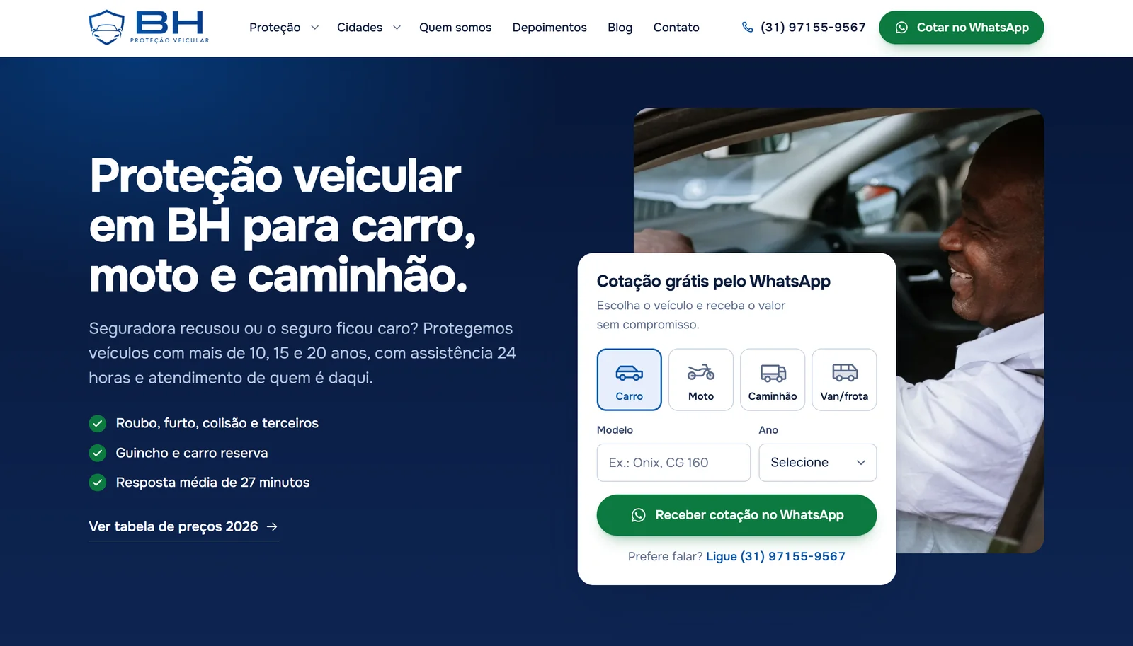 Site da BH Proteção Veicular