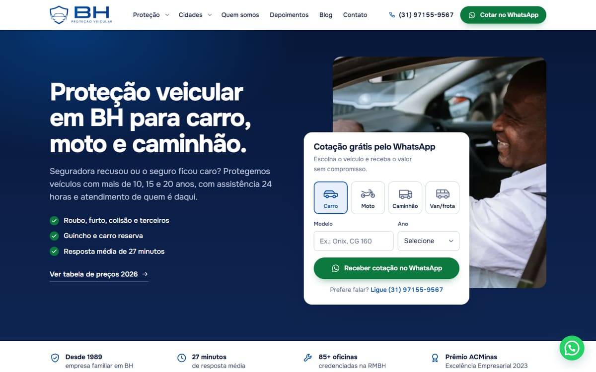Site para Proteção Veicular desenvolvido pela Elvate — versão desktop