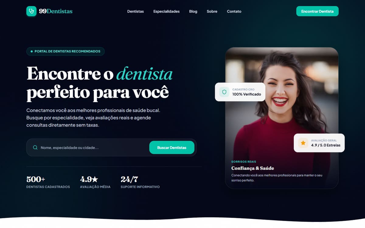 Site para Portal de Dentistas desenvolvido pela Elvate — versão desktop
