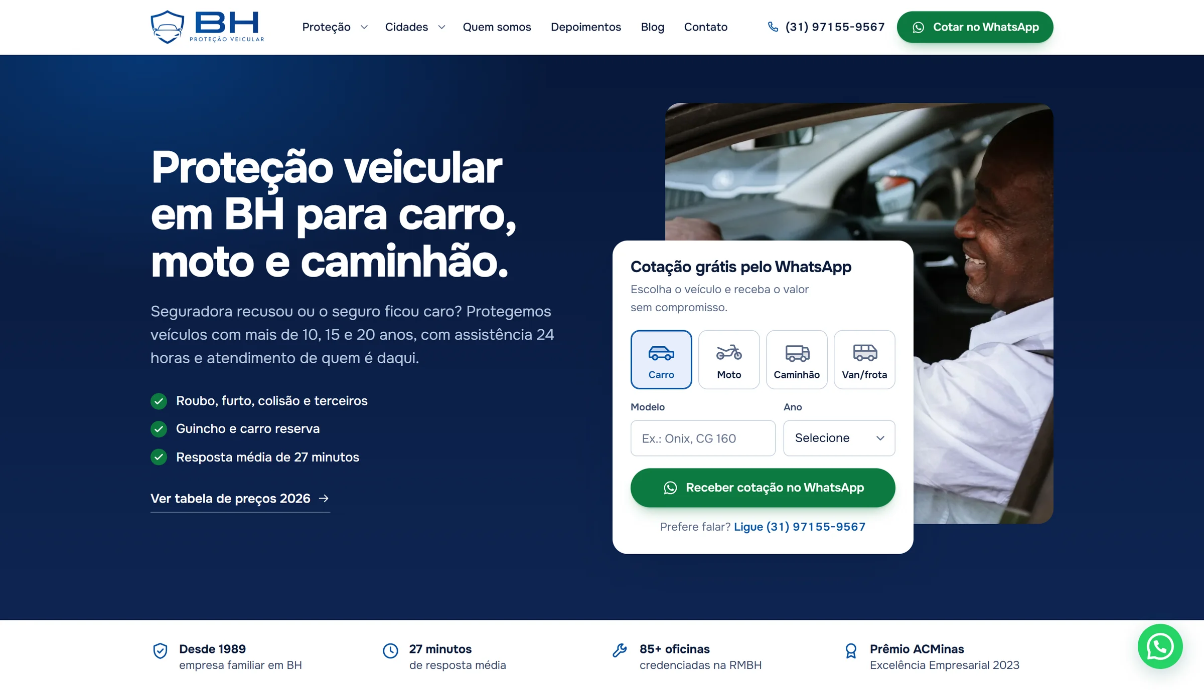 Site da BH Proteção Veicular